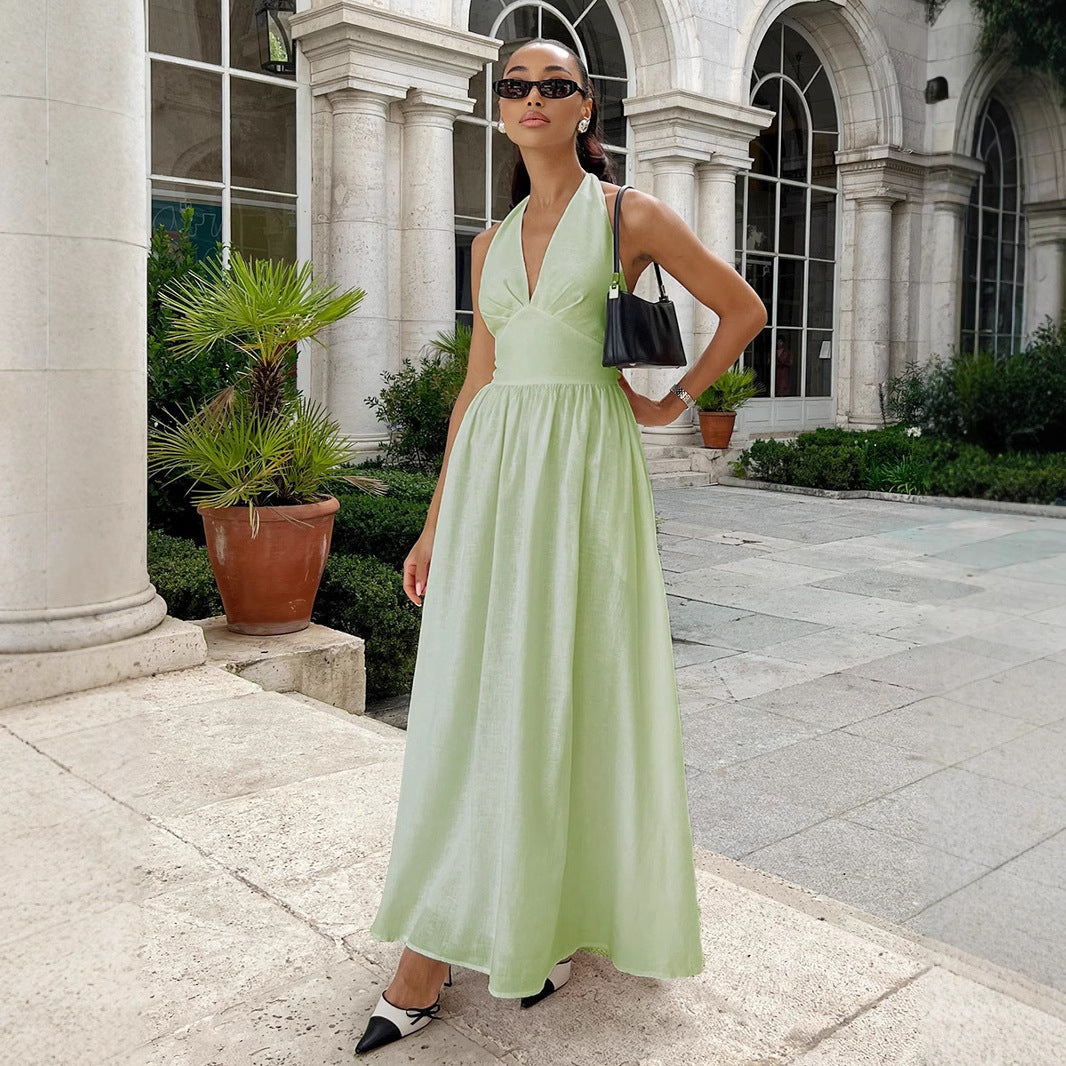 Pure Cottom Maxi Dress Spring Summer Tight Waist V neck Lace up Long Dress Large Swing Dress Women