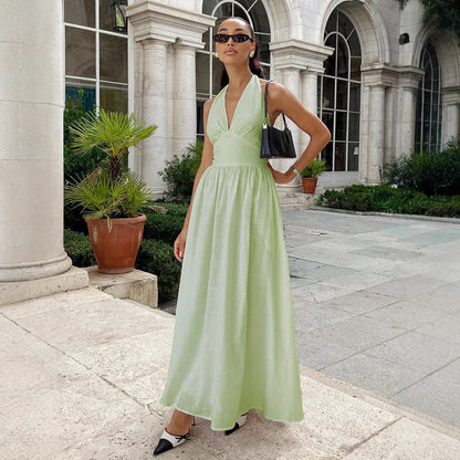 Pure Cottom Maxi Dress Spring Summer Tight Waist V neck Lace up Long Dress Large Swing Dress Women
