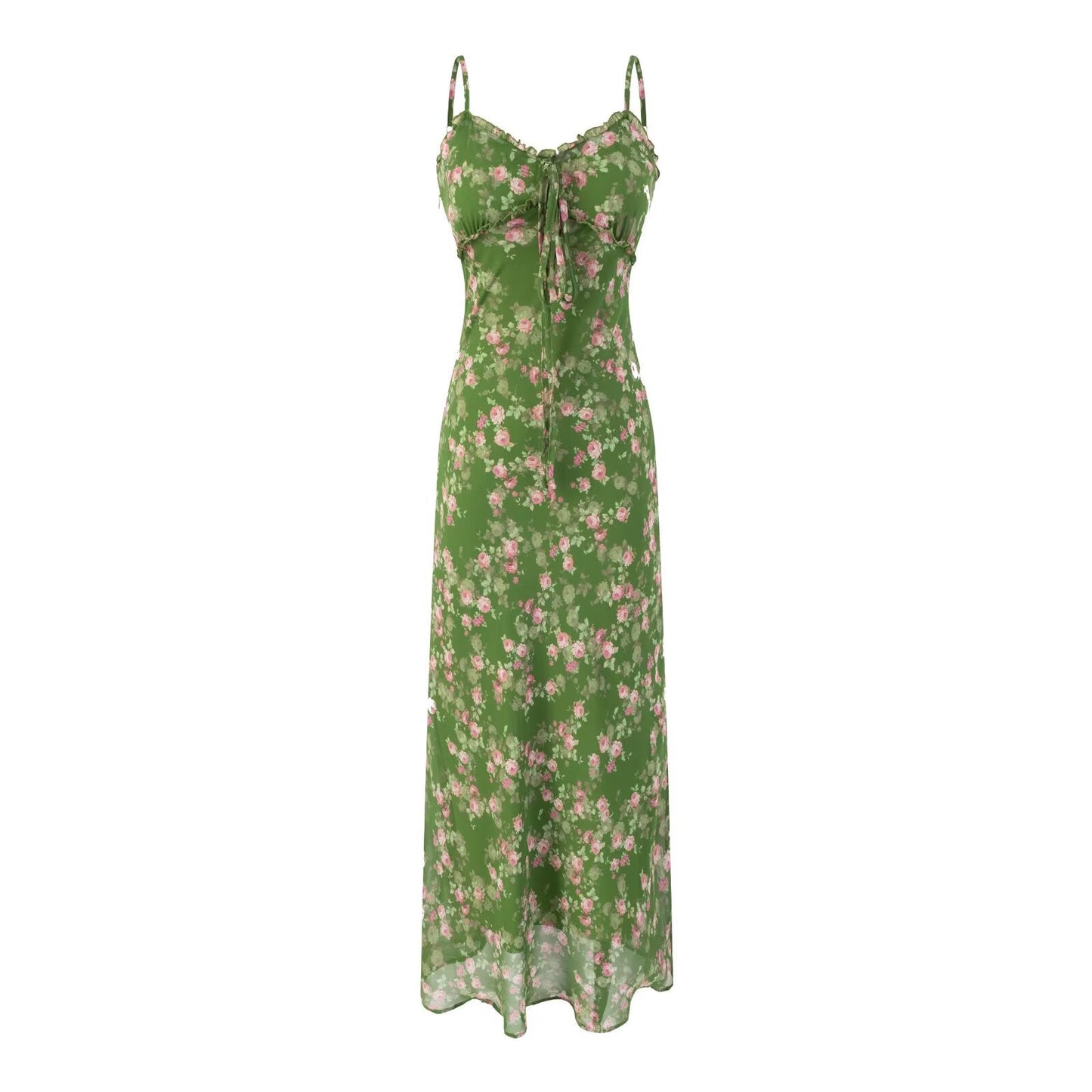 Spring Summer Beach Vacation Casual Floral Print Green Background Suspender Dress