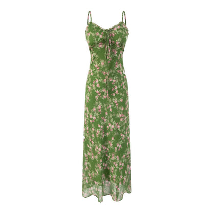 Spring Summer Beach Vacation Casual Floral Print Green Background Suspender Dress