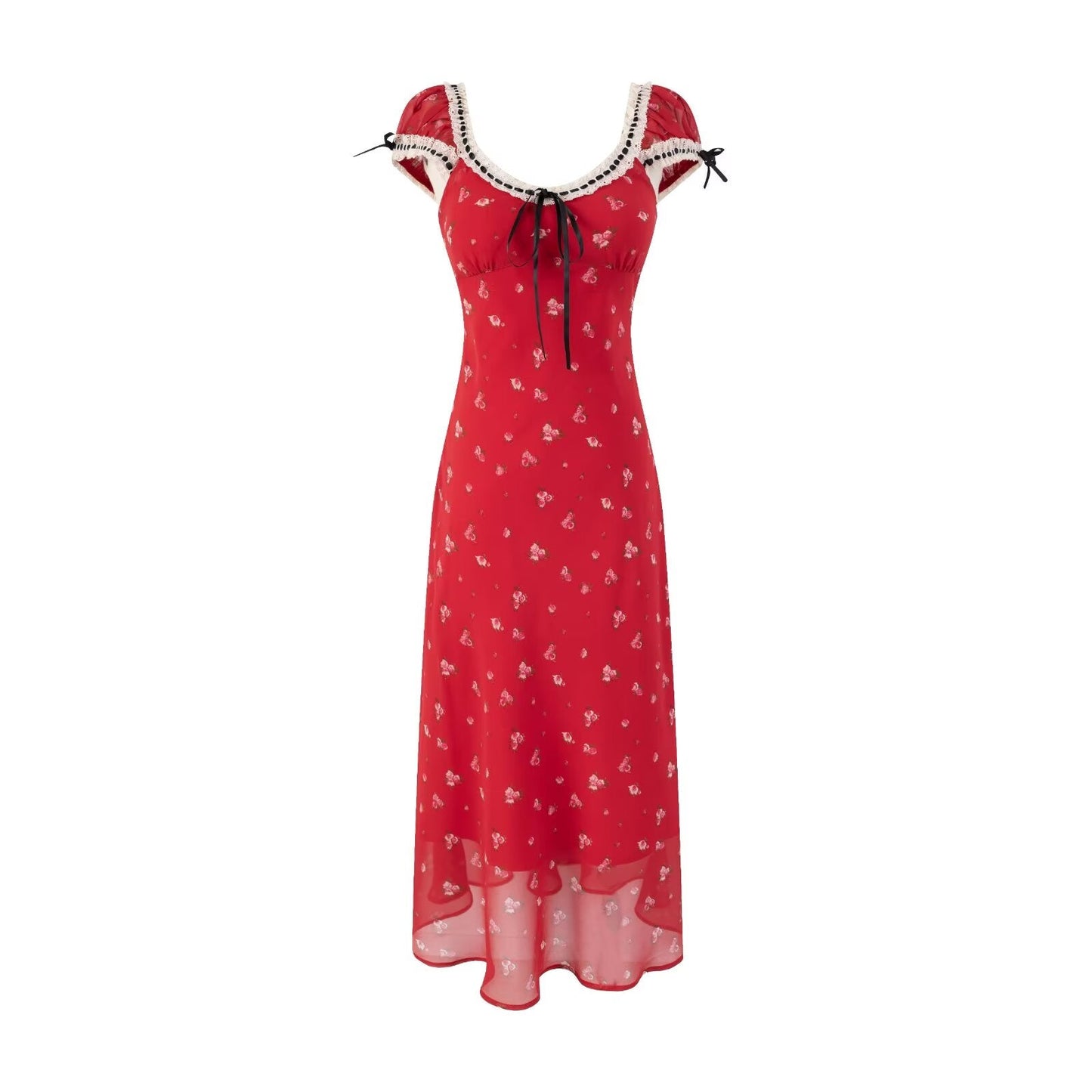 Spring Summer Cherry Red Printed Retro Hip Dress