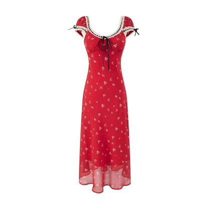 Spring Summer Cherry Red Printed Retro Hip Dress