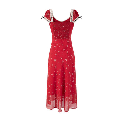 Spring Summer Cherry Red Printed Retro Hip Dress