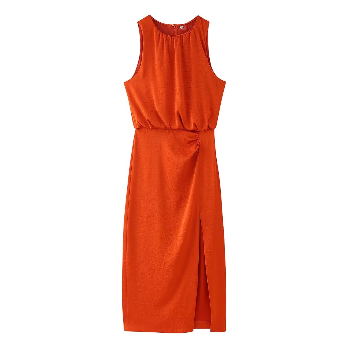 Spring Women Clothing Pleated Decorative Silk Satin Texture Dress