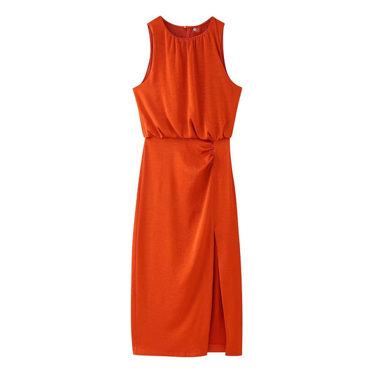 Spring Women Clothing Pleated Decorative Silk Satin Texture Dress
