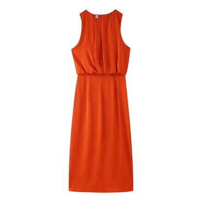 Spring Women Clothing Pleated Decorative Silk Satin Texture Dress