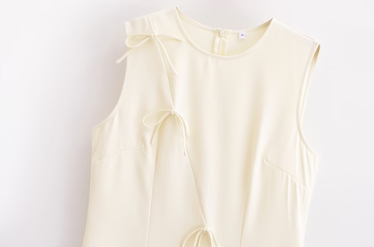 Spring Women Clothing Minimalist Bowknot Lace up Crew Neck Dress