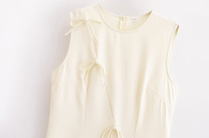 Spring Women Clothing Minimalist Bowknot Lace up Crew Neck Dress