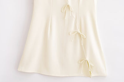 Spring Women Clothing Minimalist Bowknot Lace up Crew Neck Dress