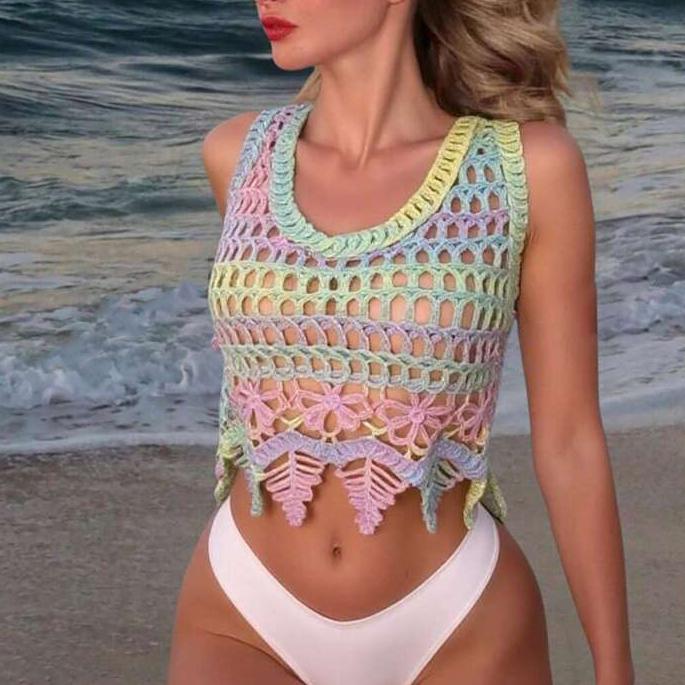 Women Crocheted Hollowed Out Tie Dye Colored Round Neck Pullover Vest Top