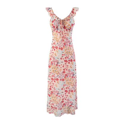 Waist Controlled Slimming Floral Strap Midi Dress Seaside Vacation Dress Women