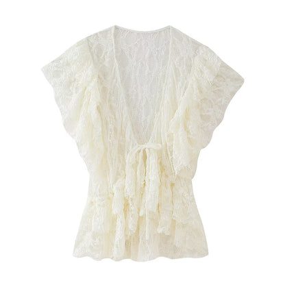 Women Clothing Summer Bowknot Decoration Lace Casual Wooden Ear Sleeve Cardigan Lace up Top