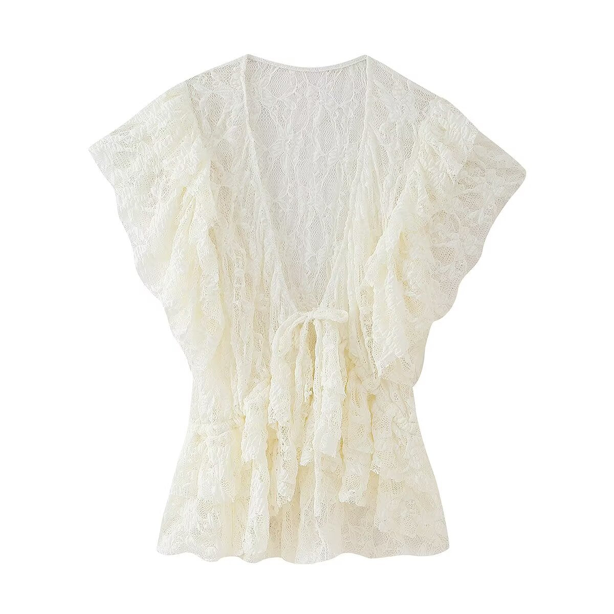 Women Clothing Summer Bowknot Decoration Lace Casual Wooden Ear Sleeve Cardigan Lace up Top