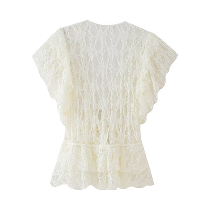 Women Clothing Summer Bowknot Decoration Lace Casual Wooden Ear Sleeve Cardigan Lace up Top