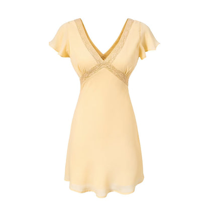 Spring Retro Debutante Classical Lace Stitching V neck Short Sleeve Dress
