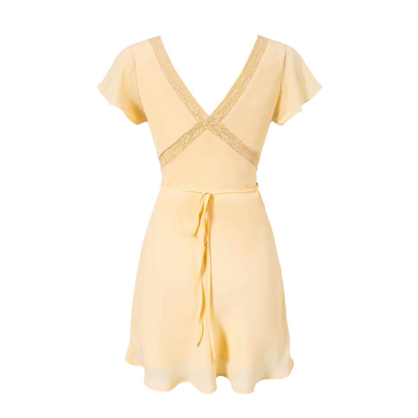 Spring Retro Debutante Classical Lace Stitching V neck Short Sleeve Dress