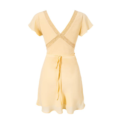 Spring Retro Debutante Classical Lace Stitching V neck Short Sleeve Dress