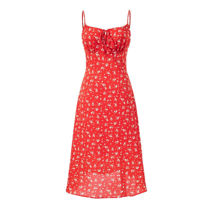 Spring Holiday Chest Drawstring Strap Floral Red Background Sling Dress