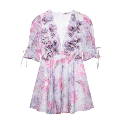 Spring Summer Sexy Chiffon Three Dimensional Floral Floral Dress