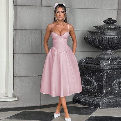 Fashionable Waist Strap Dress Spring Slim Fit Solid Color V neck Maxi Dress for Women