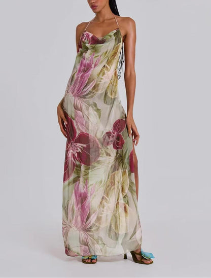 Retro National Leaves Branches Leaves Elastic Printing Fabric Spring Summer Halter Dress