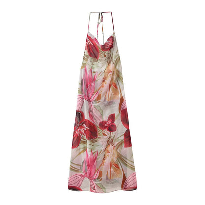 Retro National Leaves Branches Leaves Elastic Printing Fabric Spring Summer Halter Dress