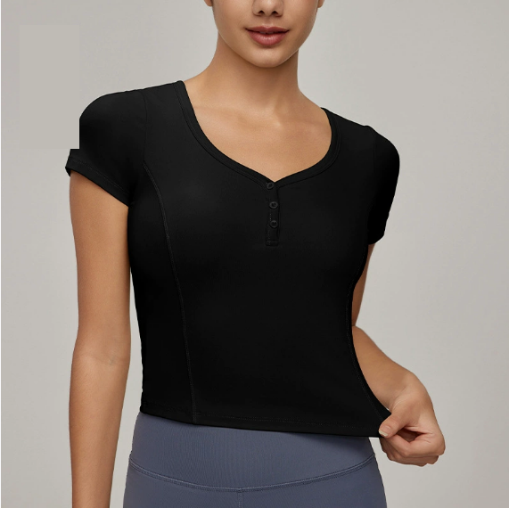 Slim Fit Yoga T shirt Women Princess Line Waist Tight Sports Short Sleeve Peach Collar Tight Fitness Top