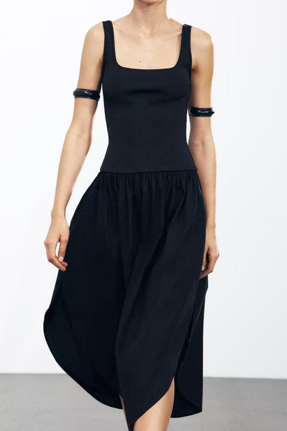 Summer Solid Color Stitching Spaghetti Straps Sleeveless Dress