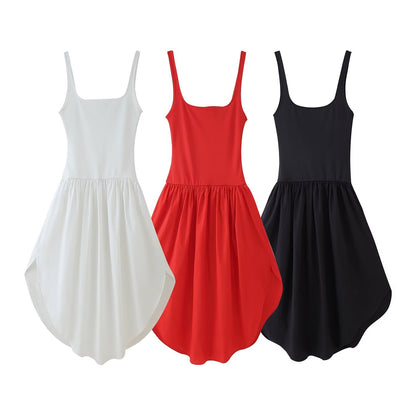 Summer Solid Color Stitching Spaghetti Straps Sleeveless Dress