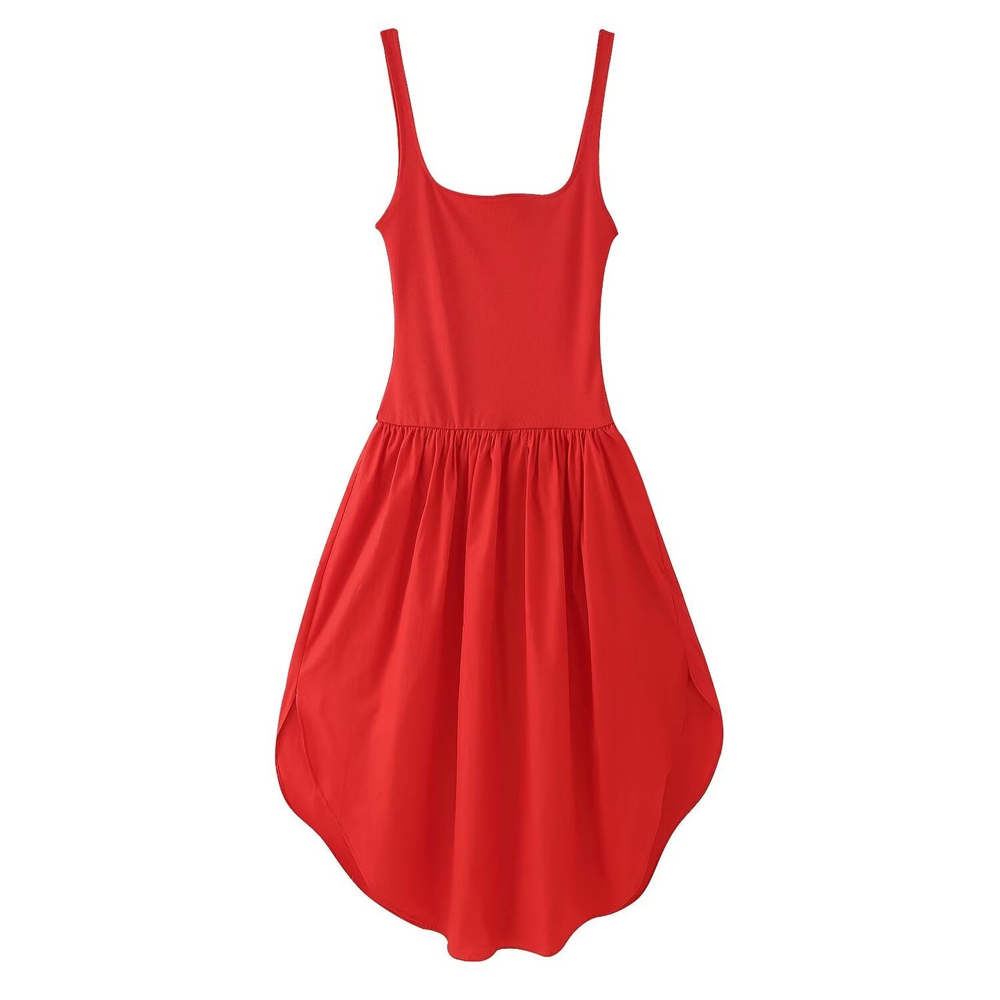 Summer Solid Color Stitching Spaghetti Straps Sleeveless Dress
