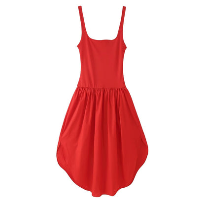 Summer Solid Color Stitching Spaghetti Straps Sleeveless Dress