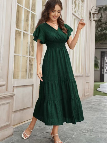 Elegant Dark Embossed Cross Collar Ruffle Sleeve Smocking Waist Multi Layer Hem Maxi Dress