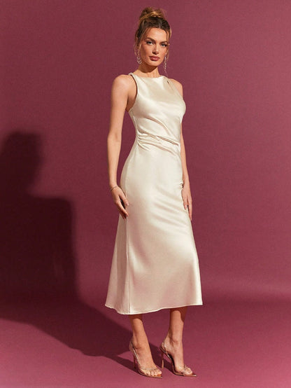 Women Clothing Trendy Summer Satin Dress Women Tall Sexy Hip Wrapped Satin Mid Length