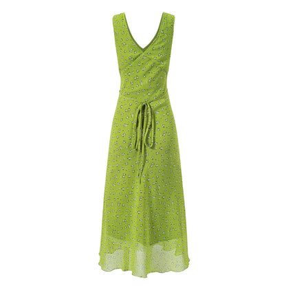 Spring Vacation Sexy V neck Floral Printed Lace up Dress