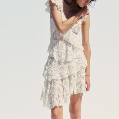 Spring Women Clothing French Design Lace Laminated Decoration Dress