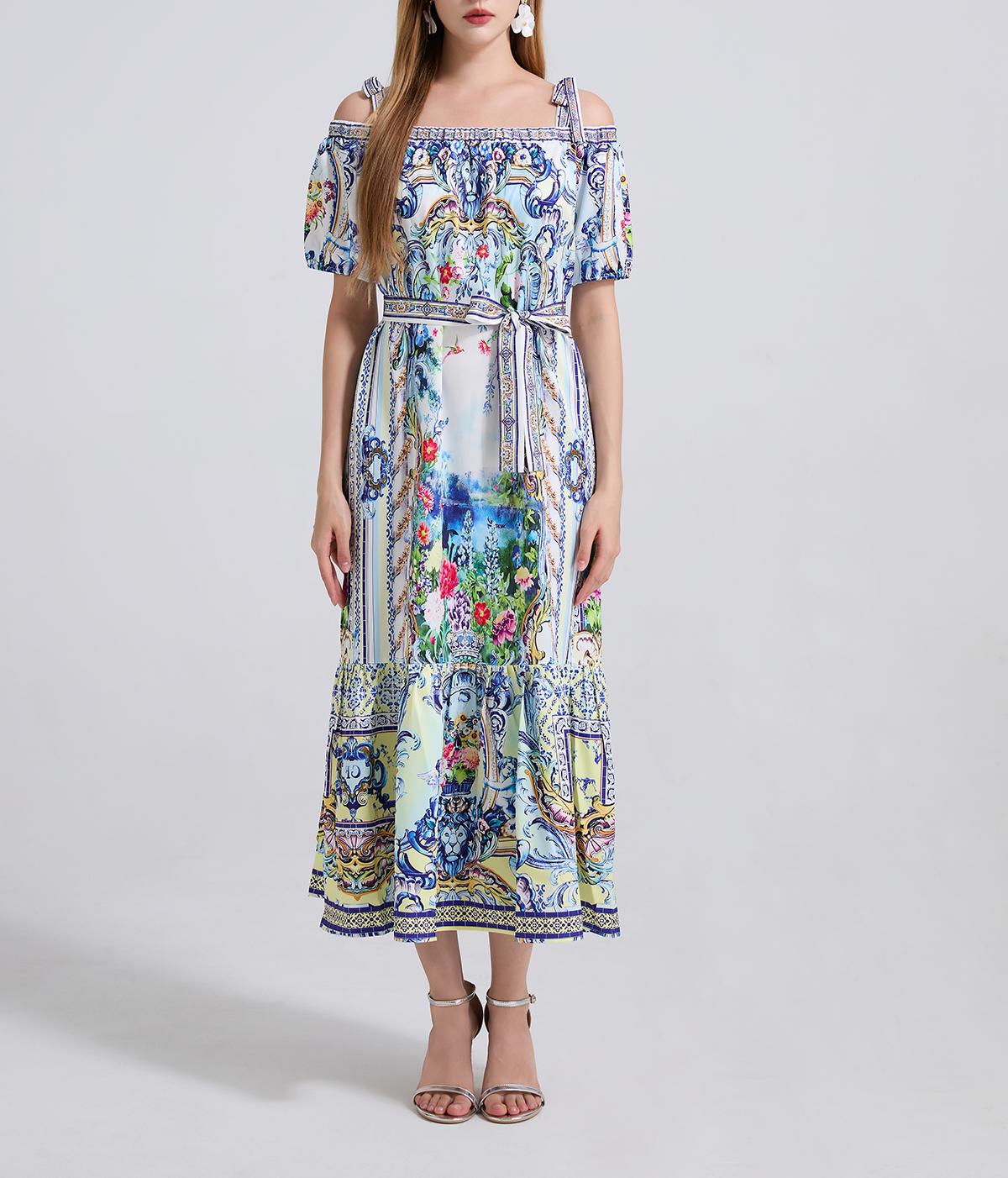 Ladies Printed Sexy Off The Shoulder Lace Up Loose Cinched Waist Dress Short Sleeved Long Dress