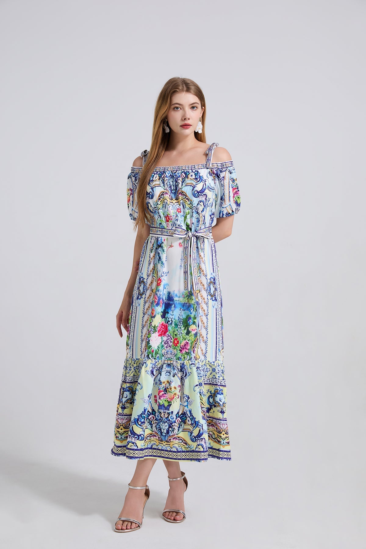 Ladies Printed Sexy Off The Shoulder Lace Up Loose Cinched Waist Dress Short Sleeved Long Dress