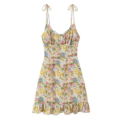 Women Sexy Backless Hip Women Floral Tie Neck Dress