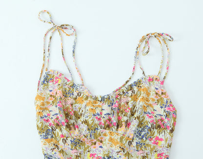 Women Sexy Backless Hip Women Floral Tie Neck Dress