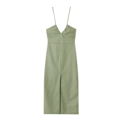 Spring Women Clothing French Design Linen Midi Dress