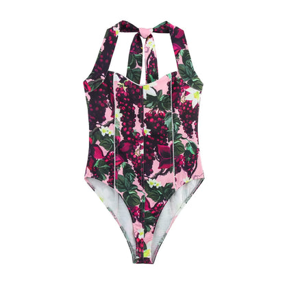 Spring Summer Women Sexy Printed Hanging Collar Jumpsuit