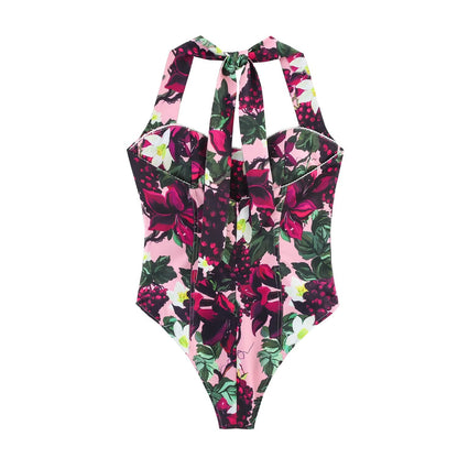 Spring Summer Women Sexy Printed Hanging Collar Jumpsuit