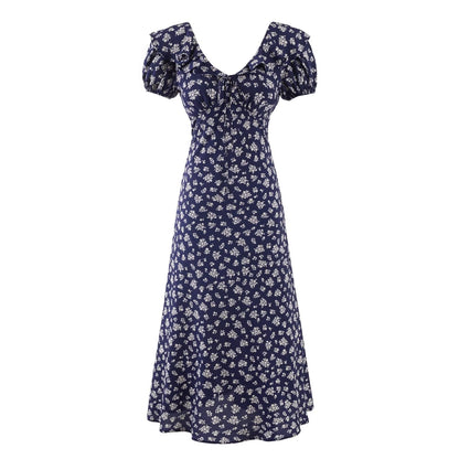 Summer Short Sleeve Floral Dress Women High Sense Cinched Sleeveless V neck Maxi Dress