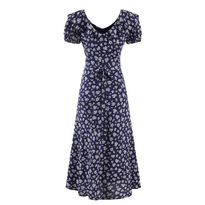 Summer Short Sleeve Floral Dress Women High Sense Cinched Sleeveless V neck Maxi Dress