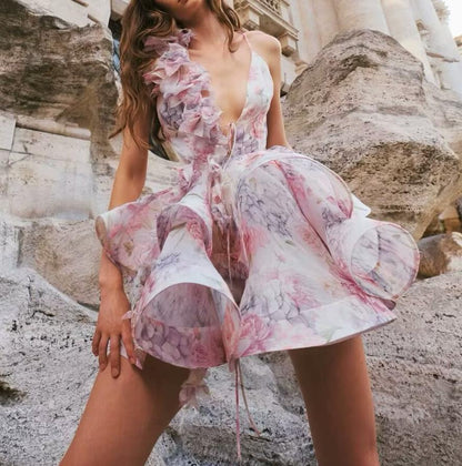 Homemade Women Clothing Fashionable Casual Floral Waist Trimming Spaghetti Straps Dress