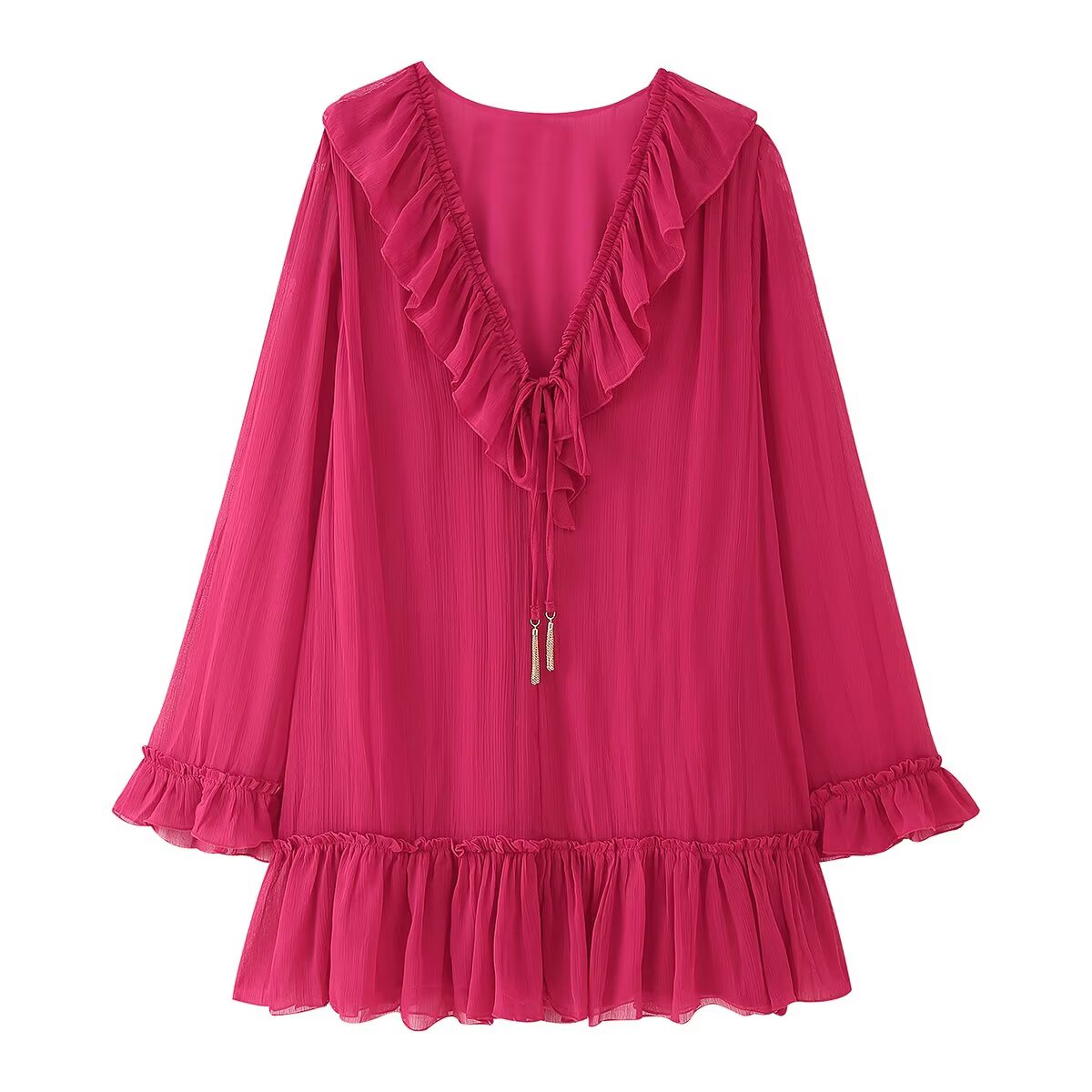 French Summer Youthful Looking Dress Lace up Tassels Loose Fitting Short Stitching