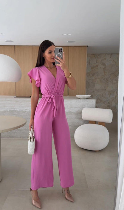 Summer Women Clothing V neck Waist Controlled Lace up Solid Color Jumpsuit Trousers