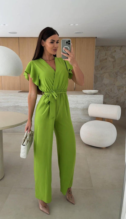 Summer Women Clothing V neck Waist Controlled Lace up Solid Color Jumpsuit Trousers