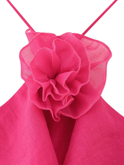 Elegant Sexy Short Summer Halter Three Dimensional Floral Design Lace up Sleeveless Dress