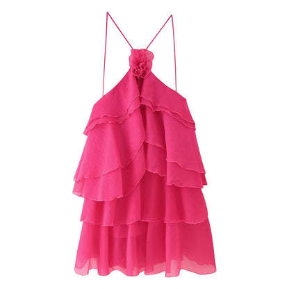 Elegant Sexy Short Summer Halter Three Dimensional Floral Design Lace up Sleeveless Dress
